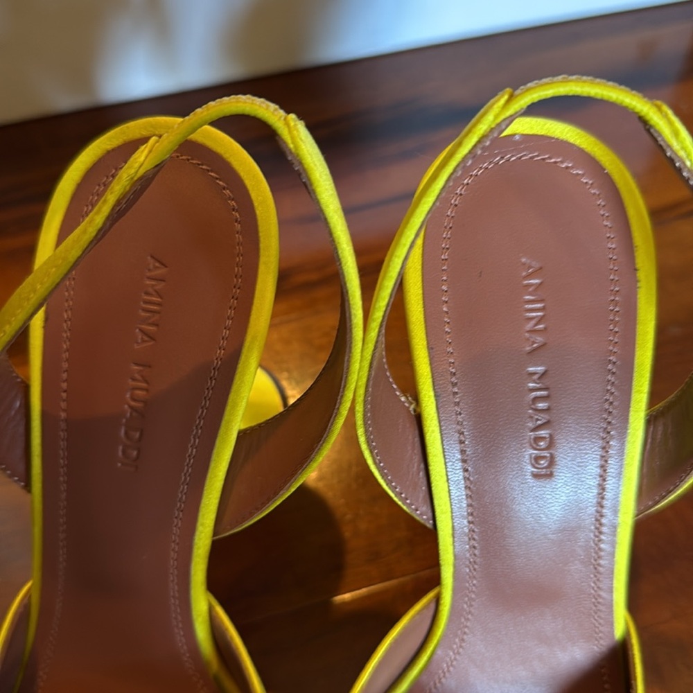 Amina Muaddi Yellow Satin Rosie Slingback Heels 95mm - Picture 9 of 11